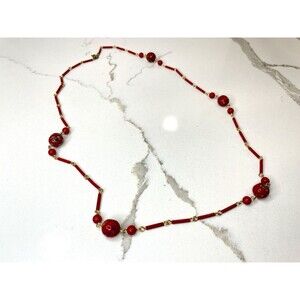 Vintage Red Glass Bead Necklace Floral Art Glass Millefiori Style Gold Tone